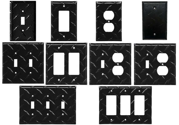 Black Diamond Plate Aluminum Wall Switch Plate Outlet Cover Toggle Rocker GFI Garage